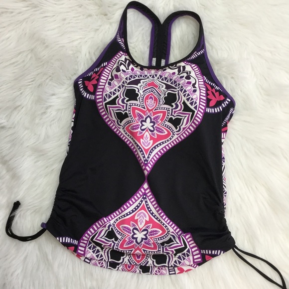 ATHLETA sz Small Tankini Swim Top Style 819804 Adjustable Sides Black Pink - Picture 2 of 7